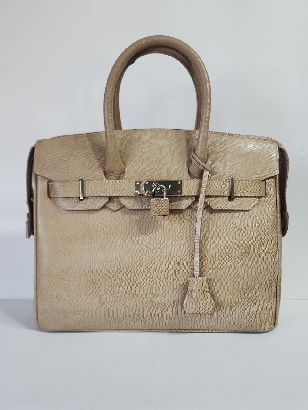 DORSA Luxury Lizard-Embossed Leather Top Handle Neutral Taupe Satchel Bag